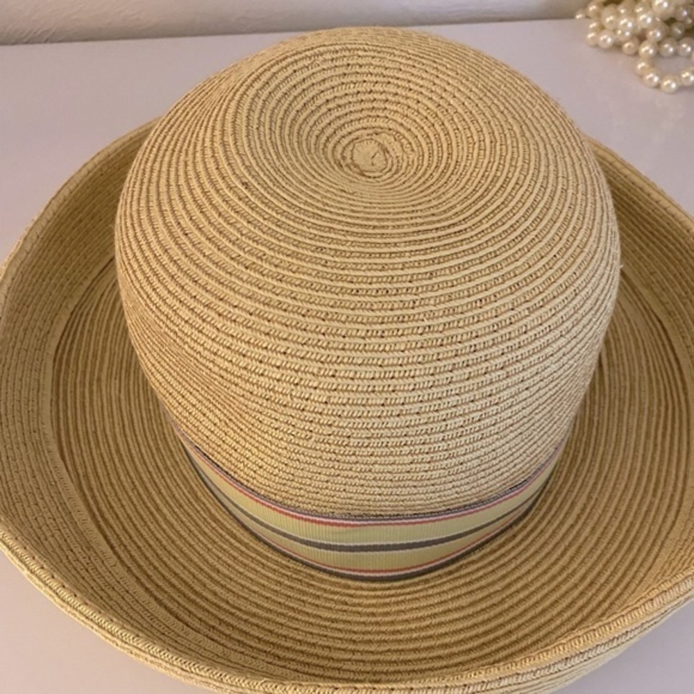 Kate Lord Straw Brim Hat - M tan , green striped grosgrain ribbon